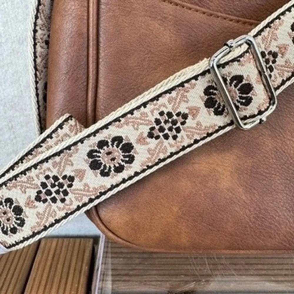 CLUCI Brown Vegan Leather Crossbody Boho Bag Floral Guitar Strap Hobo Shoulder